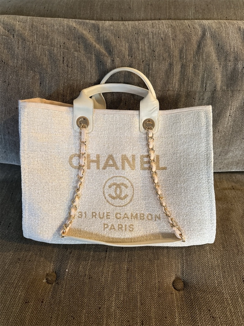 CHANEL Deauville Cream & Gold Tweed Tote with Chain Handles